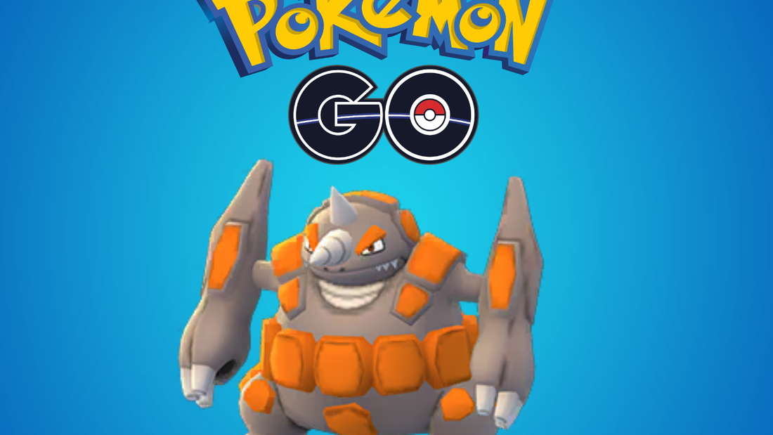 Rhyperior и логотип Pokémon GO на синем фоне.