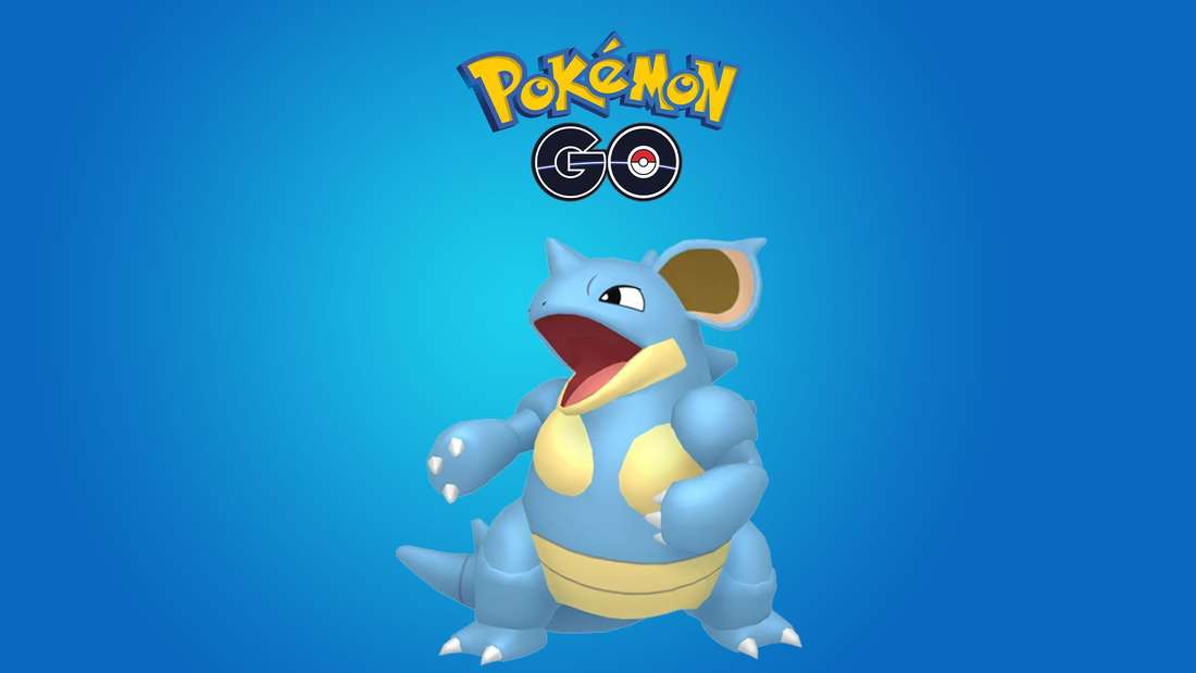 Nidoqueen на синем фоне и логотип Pokémon GO