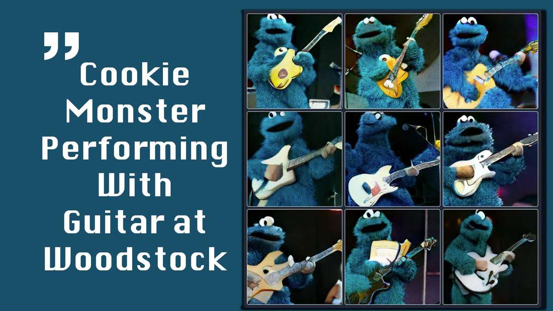 Cookie Monster performing at Woodstock with guitar